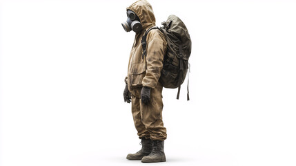 person in a protective suit and gas mask isolated on white background