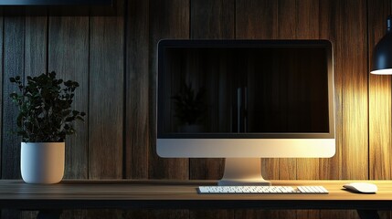 Poster - Modern Home Office Desk Setup with Computer and Wooden Wall Accent