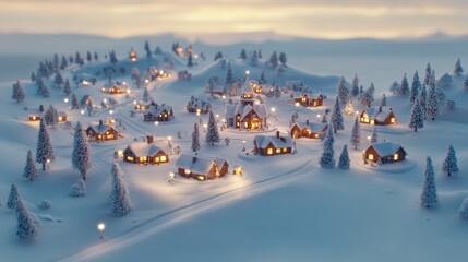 Canvas Print - Enchanting Winter Village Night Scene, Cozy Cottages Glowing