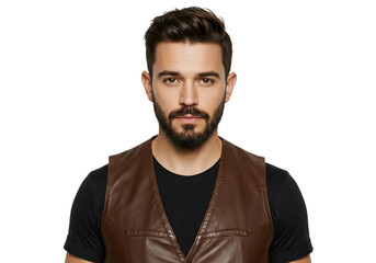 Sticker - Handsome Man Brown Leather Vest Studio Portrait Black Background guy men male hair wear look face   