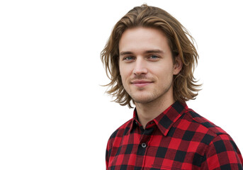 Sticker - Attractive Young Man Portrait Casual Red Plaid Shirt Studio guy men male hair long face look model  