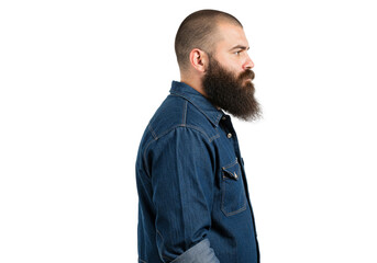 Sticker - Profile of Bearded Man in Denim Shirt Studio Shot men male hair face look black style model image   