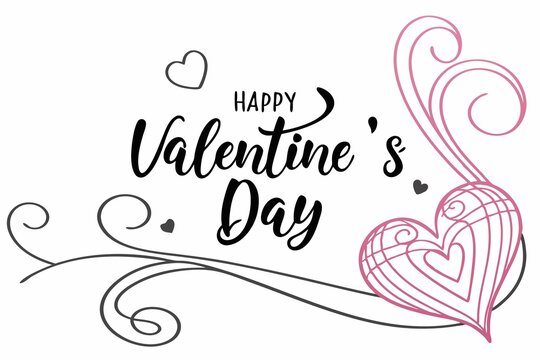 Valentines Day elegant hand text banner. Valentine greeting card template with calligraphy happy valentine`s day and pink heart in line on white background. Vector illustration