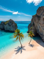 Wall Mural - Tropical island beach decorated with palm trees against clear blue seascape on blue sky