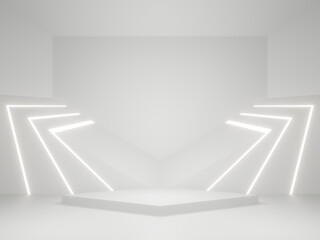 Wall Mural - 3d white geometric background with neon lights