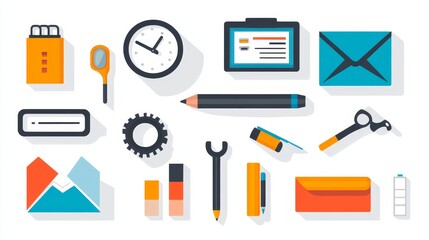 Poster - Flat-design icons depicting office supplies, technology, and data visualization