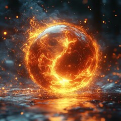 Wall Mural - Fiery sphere, molten lava, sparks, dark background.