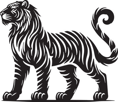 Black Color Tiger Silhouette Vector Illustration, Solid White Background