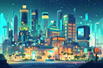 Poster - A digital illustration of a smart city with buildings, icons. A vibrant illustration of a futuristic city illuminated at night, showcasing advanced architecture and glowing lights.