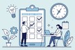 © mangolovemom - Illustration of productivity, featuring a checklist, a clock, and individuals collaborating, emphasizing time management and organized work.