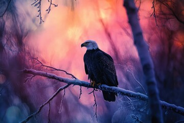 Wall Mural - Majestic bald eagle perched on a snow-covered branch against a vibrant sunset backdrop.