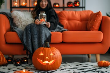 A woman sitting on a couch holding a glass