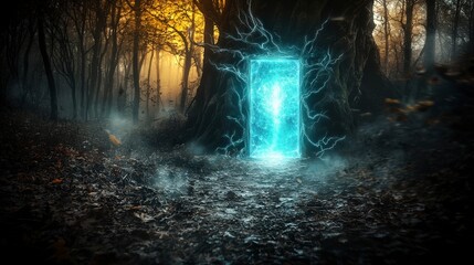 Aufkleber - Mysterious glowing door emerges in enchanted forest surreal scene nature fantasy ethereal concept