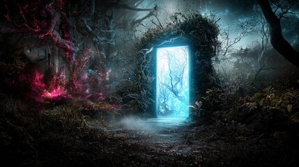 Aufkleber - Mysterious glowing door to another dimension enchanted forest fantasy art ethereal location surreal viewpoint