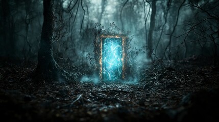 Aufkleber - Mysterious glowing door a close-up of another dimension in an enchanted forest fantasy art with a spooky atmosphere