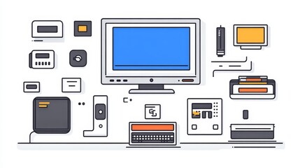 Poster - A stylized illustration of a collection of vintage computer peripherals and equipment