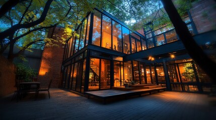 Aufkleber - Explore a breathable modern house with glass walls urban setting evening ambiance nature integration stunning design