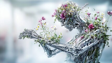 Aufkleber - Futuristic humanoid sculpture with metal and flowers urban setting artistic installation modern aesthetic close-up concept