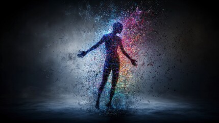 Poster - A person dissolving into pixels digital realm art concept abstract environment surreal viewpoint human transformation