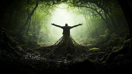Aufkleber - Nature-inspired human transformation enchanted forest digital art mystical setting surreal viewpoint conceptual imagery