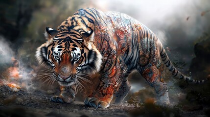 Aufkleber - Majestic tiger roaring in artistic patterns enchanted forest digital art captivating environment dynamic perspective