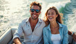 © Юлия Падина - Smiling caucasian young couple enjoying a boat ride on sunny day