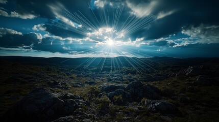 Aufkleber - Surreal landscape with geometric sunlight rays rocky terrain nature scene dramatic sky awe-inspiring vision