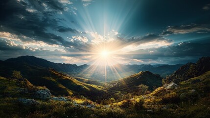 Aufkleber - Surreal geometric sunlight illuminates lush landscape nature scenic view vibrant environment tranquil vistas
