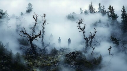 Poster - Mysterious figures wander through enchanted foggy forest nature photography ethereal atmosphere surreal viewpoint