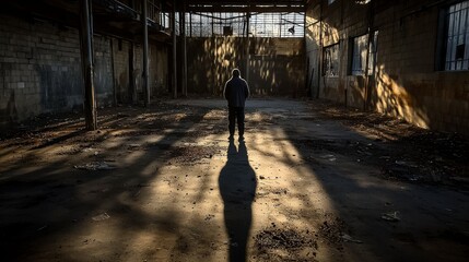 Poster - Life beyond shadows capturing urban decay and independence in abandoned warehouse photography from ground perspective