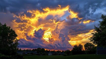 Poster - Dramatic sunset clouds display over scenic landscape nature photography vibrant sky captured from ground level