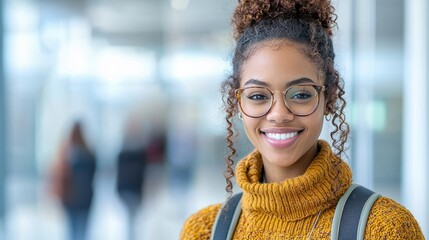 Wall Mural - Smiling young african female in glasses and yellow sweater indoors