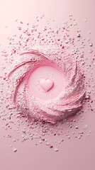 Poster - heart confetti scattered in an artistic swirl pattern on a soft pink surface, leaving a bright centr