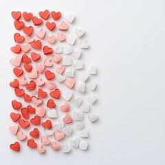 Poster - Flat lay composition of Valentine's heart confetti, neatly arranged in a gradient of colors from red to pink, clean white background, modern and polished stock photo look, ideal for creative or