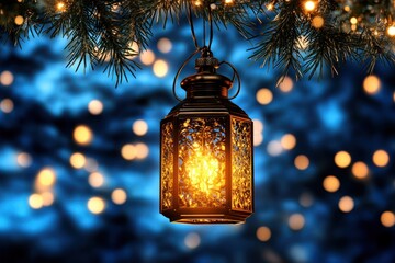 Canvas Print - Glowing Christmas Lantern Amidst Hanging Fir Branches and Defocused Snowflakes with Bokeh Lights