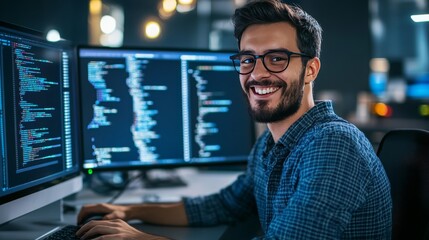 smiling software developer looking into the camera, bright blue background, concept: skilled workers