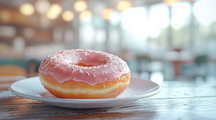 Wall Mural - Delicious Pink Frosted Donut with Sprinkles on a Plate