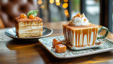 square shaped cappuccino with caramel drizzle, whipped cream topping, and caramel cubes is served on decorative plate, accompanied by layered dessert cake on wooden table