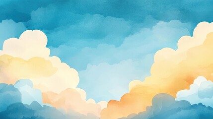 Poster - Clouds watercolor idea. A serene landscape showcasing vibrant clouds in shades of blue, yellow, and white.