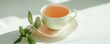 © Boontharika - A serene cup of herbal tea with fresh mint leaves, bathed in soft sunlight on a crisp white surface, capturing a moment of relaxation.