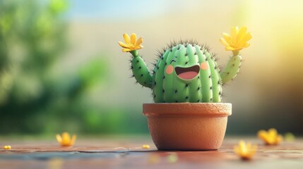 Sticker - A cheerful cactus character in a terracotta pot, with arms raised in joy, amid a garden setting, bathed in sunlight.