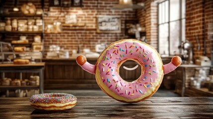 Poster - A cheerful donut character with arms raised, floating above a wooden counter in a bakery setting.