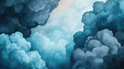 Poster - Clouds watercolor idea. A dramatic illustration of swirling clouds in shades of blue and gray, evoking emotion.