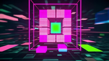 Wall Mural - Dynamic 3D animation showcasing colorful cubes and patterns in a vibrant, futuristic digital environment