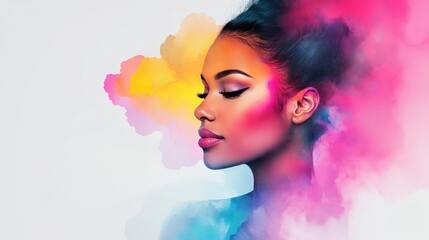 Poster - Clouds watercolor idea. A vibrant portrait of a woman with colorful abstract effects surrounding her face.