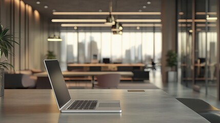 Poster - Modern Stylish Workspace with Laptop on Table in Bright Office
