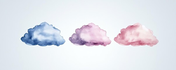 Poster - Clouds watercolor idea. Three watercolor clouds in shades of blue and pink floating against a light background.