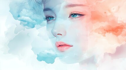 Aufkleber - Clouds watercolor idea. A dreamy and ethereal portrait with soft colors and cloud-like elements.