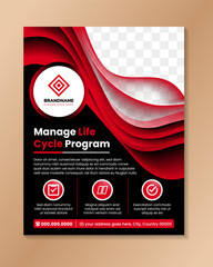 Poster - Social media banner template manage life circle program.  education flyer with red and white element on black background. Explore new trend technology with photo space. vertical layout brochure