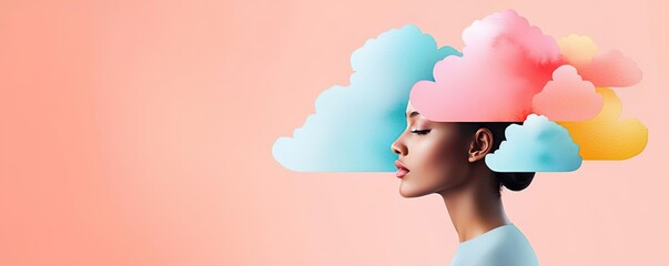 Poster - Clouds watercolor idea. A serene woman reflecting, surrounded by colorful clouds representing thoughts.
